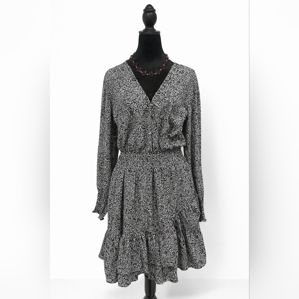Michael Kors Floral Faux-Wrap Dress Black/Maroon Long Sleeve Women's Size XL